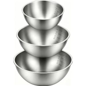 Stainless Steel Mixing Bowls Set of 3, 1.5/2.5/4 Qt Metal Mixing Bowls with Measurement Marks, Nesting Stainless Steel Bowl Set, Dishwasher Safe Stackable Kitchen Bowls for Baking, Salad & Meal Prep, 9.8*9.8*4.1