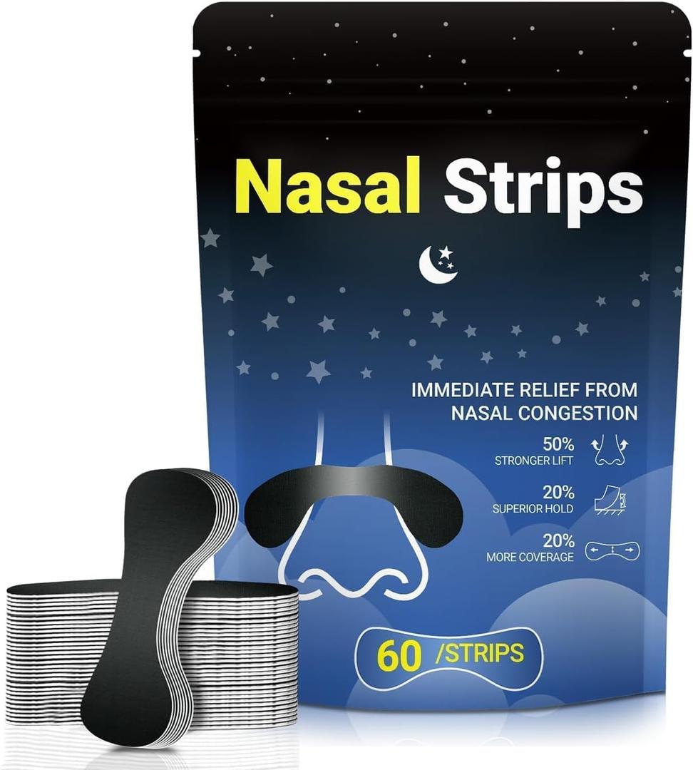60ct Nasal Strips for Snoring,Extra Strength Nose Strips for Breathing,Hypoallergenic Strong Nasal Strips Tape, Boost Oxygen Intake,Improve Sleep Quality,Latex Free,Skin Safe Nasal Strip - Black