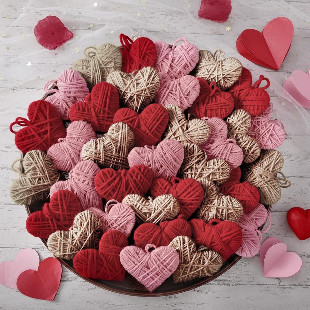 24 Pcs Heart Valentine Hanging Ornaments Knitted Heart Shaped Wall Baubles Valentine Gifts for Tree Craft Rustic Vintage Farmhouse Wedding Anniversary Decoration(Beige, Red, Pink)