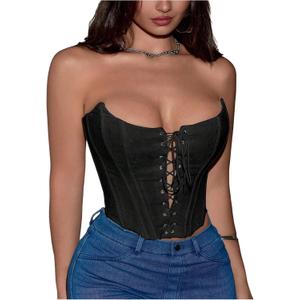 Floerns Women's Lace Up Y2k Corset Tops Strapless Grommet Eyelet Crop Tube Top (Black, XL)