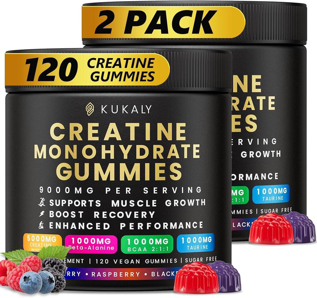 KUKALY Creatine Monohydrate Gummies for Men & Women, 9000MG Creatine Gummies Sugar Free Mixed Flavored with L-Taurine, BCAA 2:1, B12 B6 for Boost Strength, Focus & Endurance, Vegan, Non-GMO, 2 Bottle, No BB Date