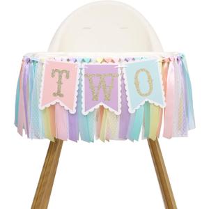 Rainbow High Chair Banner for 2nd Birthday - Baby Girl Rainbow Smash Cake for Photo Props, 2nd Birthday Photo Backdrop, Macaron Colored Ribbon