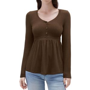 SUUKSESS Womens Babydoll Tops Cute Peplum Tops Ribbed Long Sleeve Henley Shirts Going Out Flowy Outfits (Brown, XS)