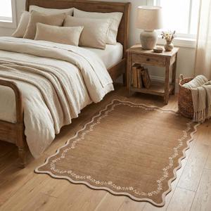 GarveeHome 3x5 Scalloped Washable Area Rug for Bedroom,Soft Solid Brown Entryway Rug Farmhouse Kitchen Mat Non Slip Low Pile Carpet Stain Resistant Throw Rug for Bedside Kids Room Office Dining Room