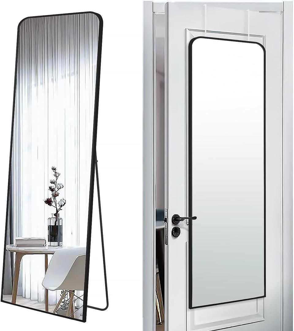 57x20 Door Hanging Full Length Mirror, Floor (Height 5.7ft just Body in 1.3ft) or Wall Mounted Metal Frame Rectangle Dressing Mirrors for Bedroom Bathroom Living Room 57 inch Black
