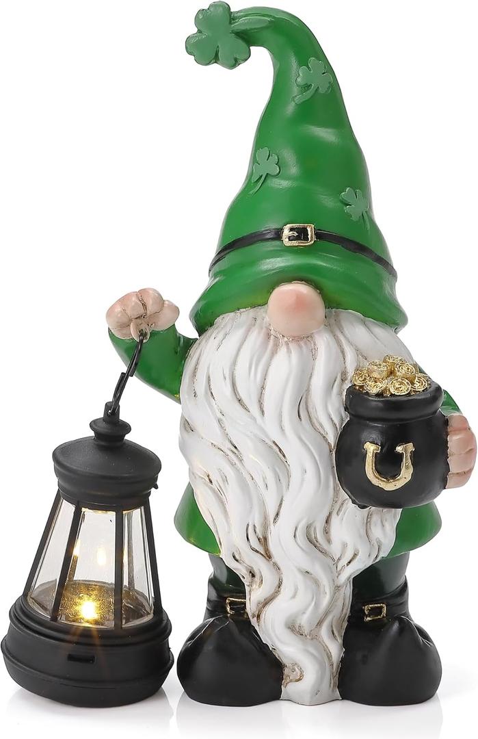 St. Patrick's Day Gnome for Outdoor Decor, Resin Garden Gnome Holding Lantern with Solar Lights, 4.7 * 3 * 6.7inch Solar Garden Statues for Outside, Leprechaun Figurine for Patio, Yard, Lawn