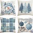 AVOIN colorlife Winter Snowman Joy Snowflake Christmas Throw Pillow Covers, 18 x 18 Inch Xmas Tree Winter Holiday Buffalo Plaid Cushion Case Decoration for Sofa Couch Set of 4 (Blue)