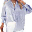 Women's Striped Oversized Button Down Shirt Wrinkle-Resistant Cotton Blend Blouse with Smocked Cuffs and Pocket (Blue, XXXL)