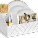 Ukonvi Paper Plate Dispenser, Paper Plate Holder for Kitchen Counter, Wood Rustic Silverware Utensil Caddy, Cutlery Flatware Organizer Box for Cups Spoons Forks Plates Napkins, Kitchen Accessories (White)