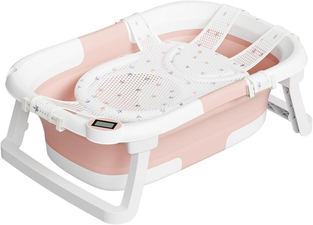 Collapsible Baby Bathtub,Baby Bath Tub with Soft Cushion & Thermometer,Baby Bathtub Newborn to Toddler 0-36 Months,Portable Travel Baby Tub (Pink)