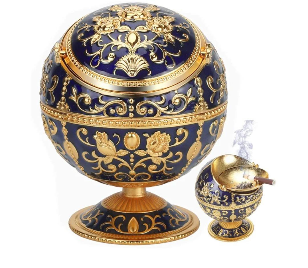 Windproof Ashtray with Lids Metal Portable Cigarette Ashtray for Outdoors and Indoors Use, Hand Stamped Pattern Nice Gift for Men and Women (Navy Blue)