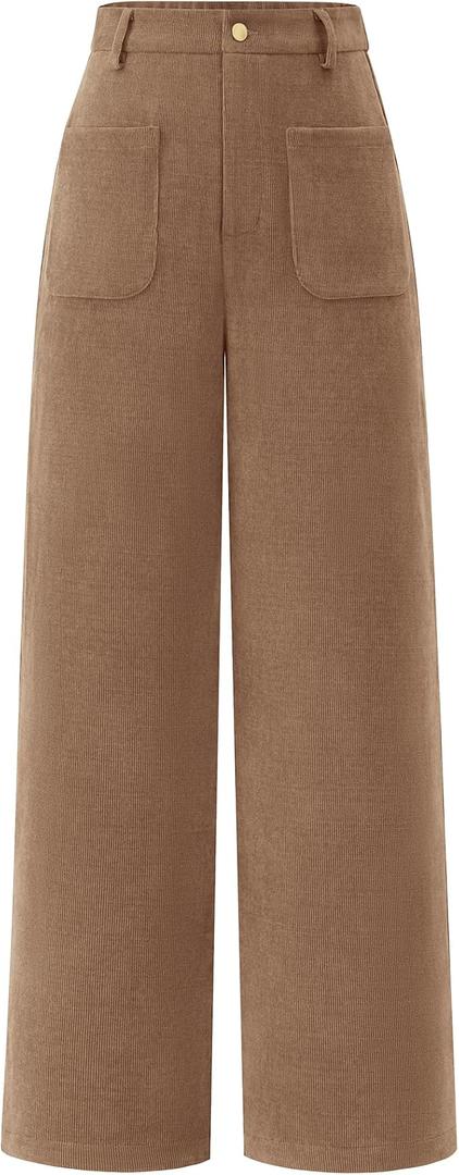 dowerme Women's Casual Wide Leg Long Pants Elastic High Waisted Button Palazzo Pants Work Straight Trousers with Pockets(Khaki,6)