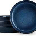 E-far Pasta Bowls Set of 4, 35oz Ceramic Large Salad Plate Bowls for Kitchen, Wide and Shallow Design for Serving Soup Pasta, Double Reactive Glaze, Dishwasher & Microwave Safe, Deep Sea Blue