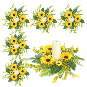 6Pcs Sunflower Wreath for Front Door Artificial Sunflower Spring Summer Table Centerpieces Wreath Fake Yellow Floral Candle Rings Wreaths for Pillars Cabinets Wedding Table Home Décor
