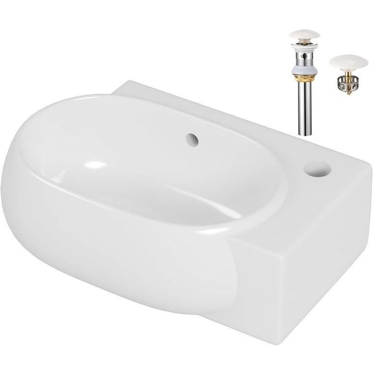 AmpleCharmic Wall Mount Bathroom Vessel Sink, 16.5’’ Floating Ceramic Basin for Small Bathroom with Faucet/Pop-up Darin/P-trap/Overflow, One-stop Shopping Modern Sink, Right Hand, White
