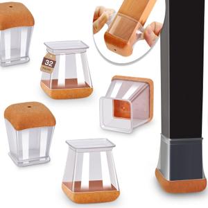 Chair Leg Floor Protectors Square Chair Leg Protectors for Hardwood Floors Silicone Caps Felt Strengthen Bottom Protection Non Slip Reduce Noise 32 Pack Clear Square M Fit:13/16" ~ 1" (20~26mm)