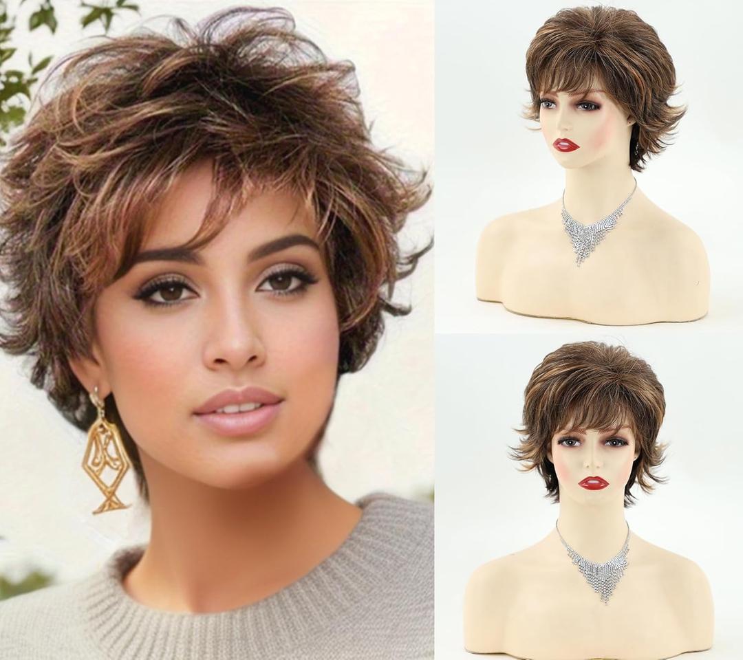 TISHINING Brown Short Curly Wigs for White Women Dark Brown Mixed Blonde Pixie Cut Synthetic Wig with Bangs Shag Layered Short Hair Wigs for Daily Party Use