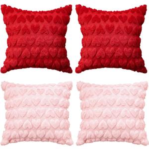 AVOIN colorlife Valentine's Day Love Heart Red Pink Throw Pillow Covers Set of 4, 18 x 18 Inch Anniversary Wedding Home Decor Soft Plush Faux Fur Jacquard Cushion Case for Sofa Couch