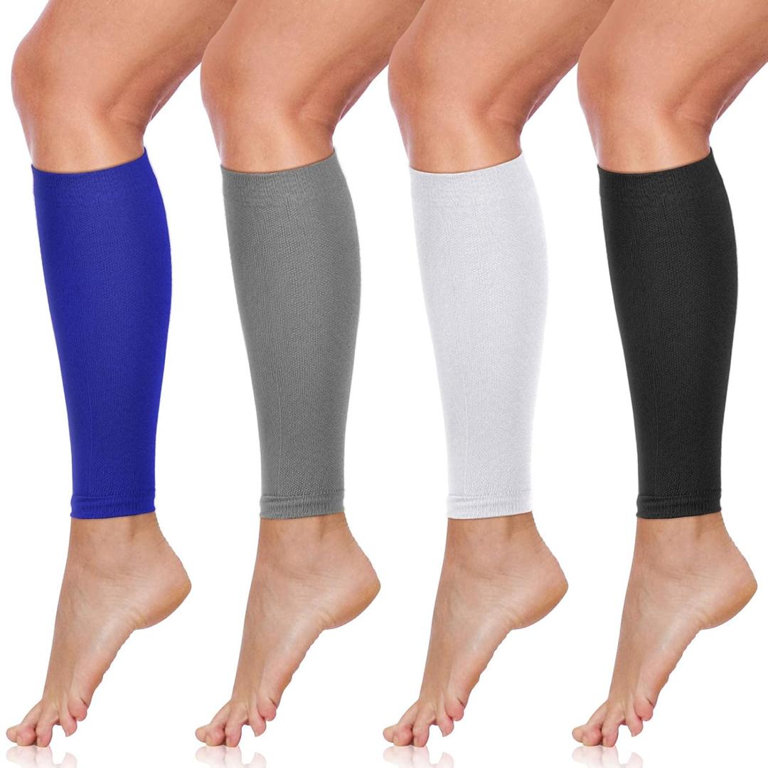 SATINIOR 4 Pairs Calf Compression Sleeve Leg Compression Sock Calf and Shin Support Relieve Calf Pain for Men Women Youth for Running, Cycling, Walking Black, White, Gray, Blue, Large