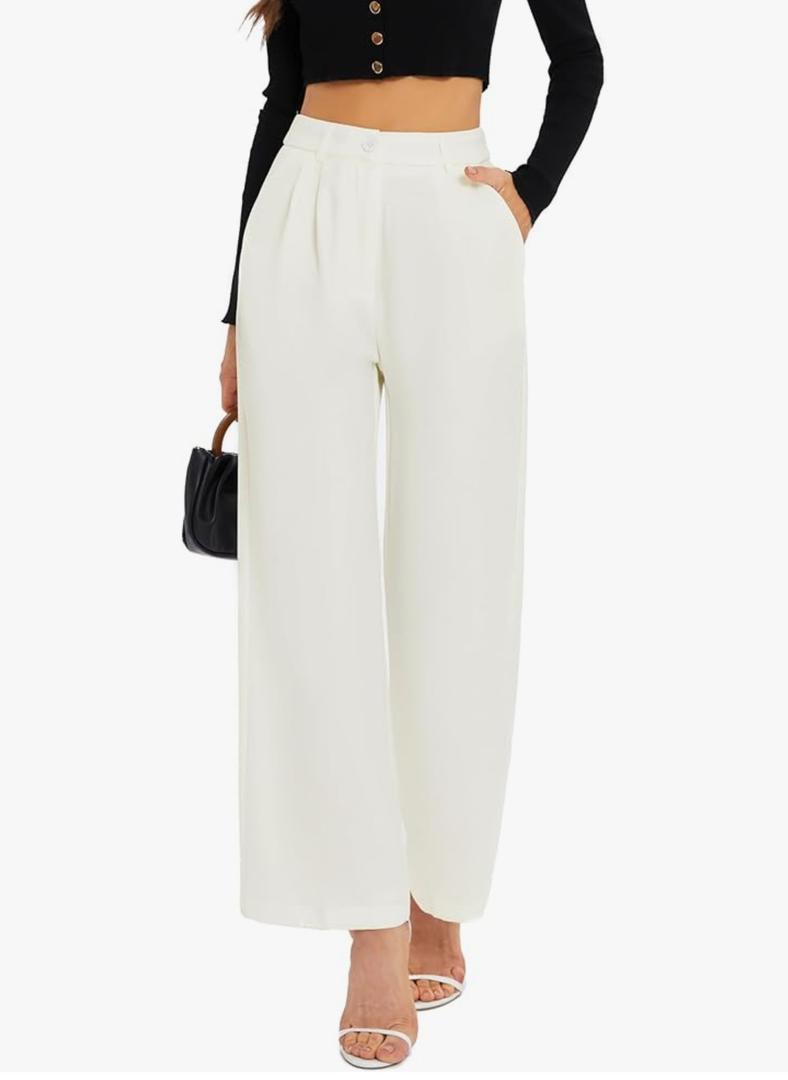 FUNYYZO Wide Leg Pants Women's High Elastic Waisted in The Back Business Work Trousers Long Straight Suit Pants White S