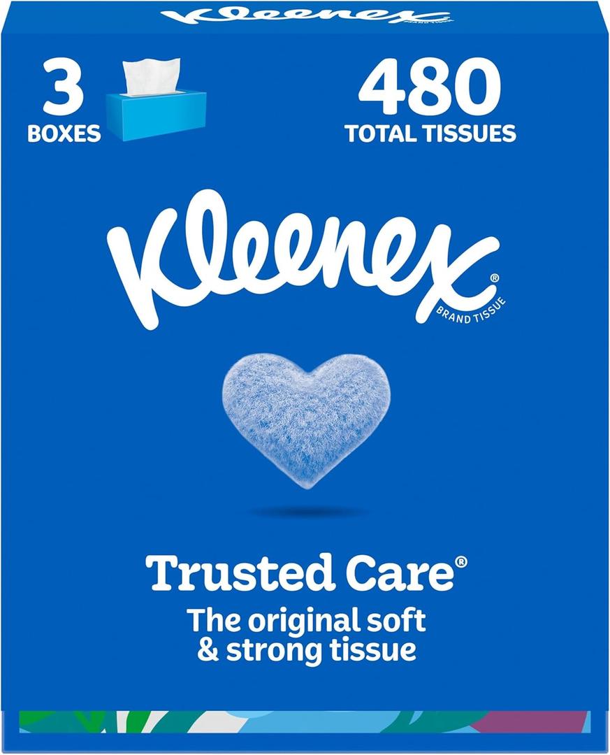 Kleenex Trusted Care Facial Tissues, 3 Flat Boxes, 160 Tissues per Box, 2-Ply (480 Total), Packaging May Vary (White)