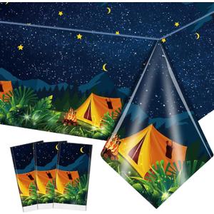 Chinco 3 Pieces Camping Tablecloth Campfire Camp Party Decorations Waterproof Plastic Rectangular Table Cover for Picnic Hiking Adventure Birthday Party Supplies