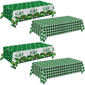 QIYANPAX 4 Pack Golf Party Tablecloths Green Gingham Tablecloth and Golf-Themed Plastic Table Covers Disposable Tablecloths for Birthday Outdoor Party Decorations, 54 108 Inch