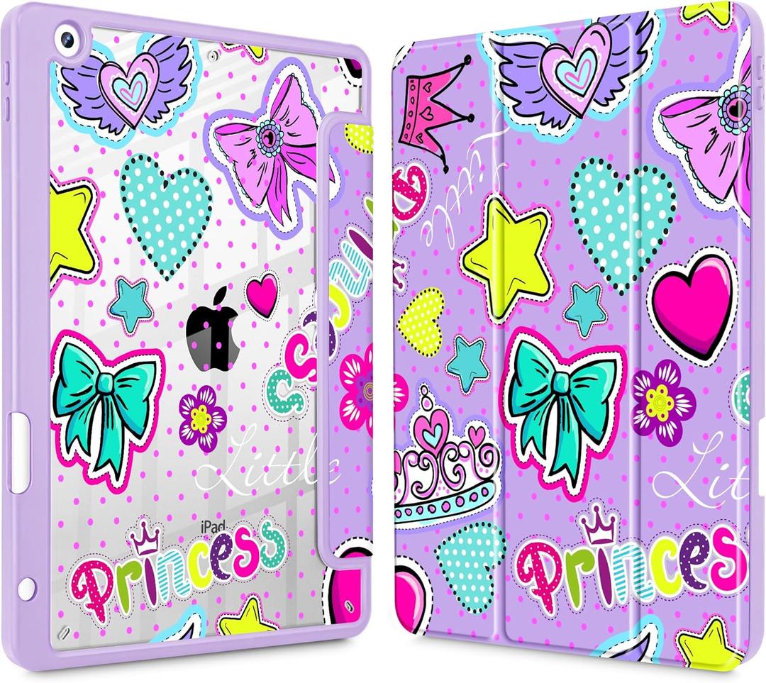 for iPad 9th Generation with Pencil Holder, iPad 8th/7th Gen Case 10.2-inch, [Built in Pencil Holder] Trifold Stand Auto Wake/Sleep Clear TPU Protection Back Cover, Girlis Pink Pattern