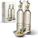 COOK WITH COLOR Glass Olive Oil Bottle Dispenser - 2 Pack- 17oz Oil and Vinegar Cruet - Olive Oil Carafe Decanter for Kitchen, Checkered, Brown