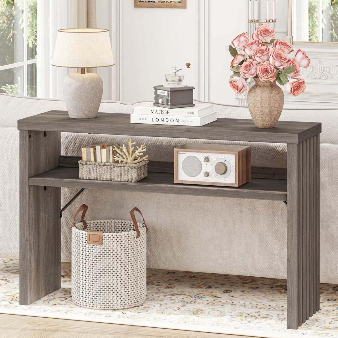 BON AUGURE Sofa Console Table, Wood Entryway Table, Grey Behind Couch Tables with Open Storage, Modern Narrow Hallway Tables (Greige Oak, 47 Inches)