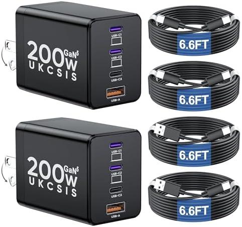 2 Pack 200W USB C Charger Block, Foldable 4-Port GaN5 Super Fast Charger USB C, Dual 65W Type C Charging Block, Laptop Fast Charging Adapter for MacBook Pro/Air, iPad, iPhone, Samsung Galaxy Black
