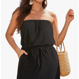 Swimsuit Cover Up Terry Cloth Strapless Dress Drawstring with Pockets, S