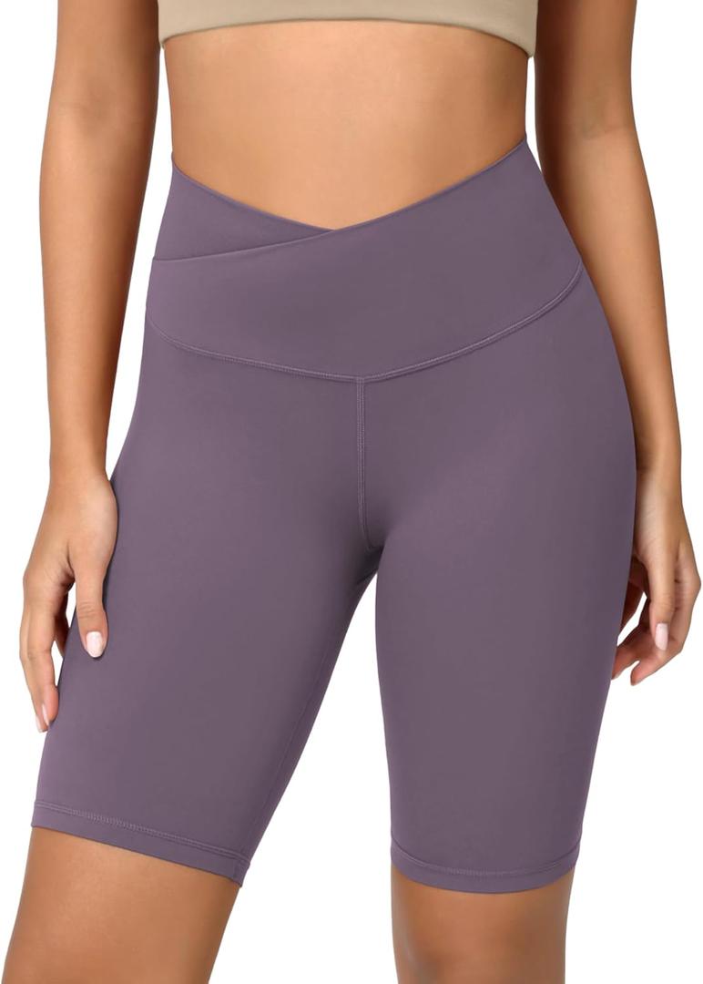 ODODOS Women's Crossover Yoga Shorts with Back Pocket, 8" Buttery Soft V High Waist Lounge Biker Shorts, Ash Violet, (Purple, XS)