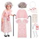 Skirfy Kids 100 Days of School Costume for Girls,Old Lady Granny Costume with Wig,Magnifier,Cane and Glasses for 100th Day of School events and Halloween Dress-Up