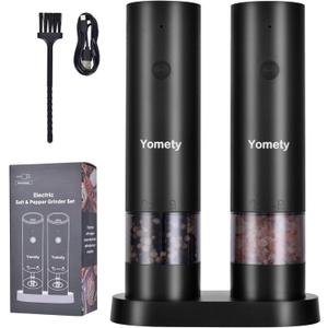 Electric Salt and Pepper Grinder Set-Rechargeable Salt and Pepper Mill Set All in One, Automatic Refillable Adjustable Coarseness Ceramic Grinder, Salt and Pepper Shakers for Kitchen Appliances (Black)