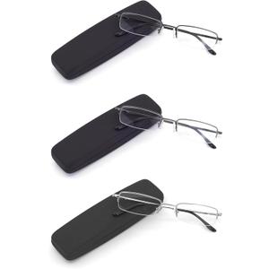 HIGHLIKE 2 or 3 -Pack Blue Light Blocking Reading Glasses with Hard Cases, Semi Frame Spring Hinge Readers Glasses (C02: Black Gunmetal Silver)