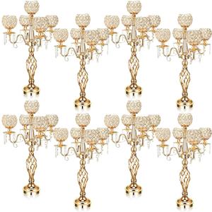 Nitial 8 Pcs 5 Arm Crystal Candelabra Centerpieces for Table 27 Inch Retro Victorian Crystal Candle Holders Bowl Table Centerpieces Decor for Wedding Banquet Valentine Dinner Party Event (Gold)