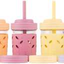 Elk and Friends Kids + Toddler Glass Cups | The Original 8oz Glass Mason Jar with Sleeves + Lids | Silicone Straws + Stopper | Smoothie Cup | Food Storage | Spill Resistant | Dishwasher Safe | 4 Pack