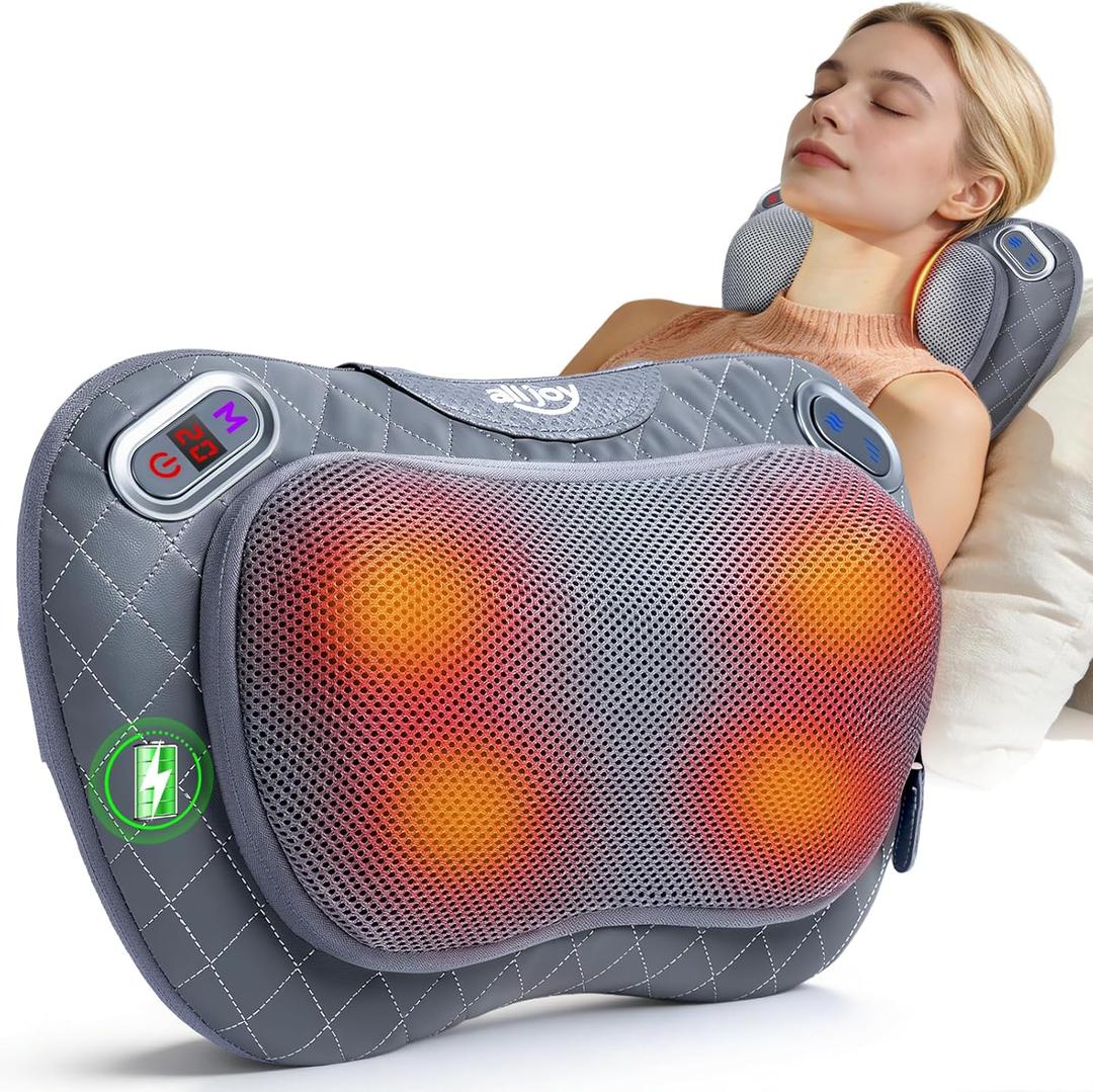 ALLJOY Cordless Neck and Back Massager with Heat & LCD Display - Rechargeable Shiatsu Massage Pillow for Muscle Pain Relief, Use While Charging, Gifts for Women Men