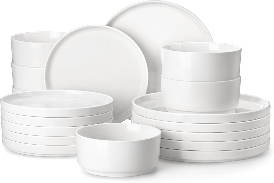 MALACASA 18 Pieces Porcelain Dinnerware Set, Modern White Dish Set for 6, Premium Serving Plates and Bowls Sets, Chip and Scratch Resistant Dishware Sets Kitchen Dishes Dining Ware Set, Series LEAH (18 Piece (Service for 6), Ivory White)