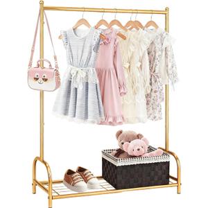 Baby Clothes Organizer, Kids Dress Up Storage Rack, Small Clothes Rack with Metal Storage Shelf, Kids Closet Organizers, Baby Closet (Gold)