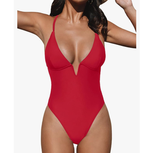 CUPSHE Women Swimsuit One Piece Bathing Suit Deep V Neck Crisscross Back Adjustable Strap ,Size L