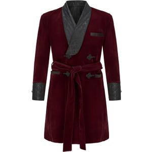 Men's Velvet Smoking Robe Double Breasted Long Jacket Blazer with Belt for Dinner Party Wedding (44, Burgundy) Men's Velvet Smoking Robe Double Breasted Long Jacket Blazer with Belt for Dinner Party Wedding (44, Burgundy)