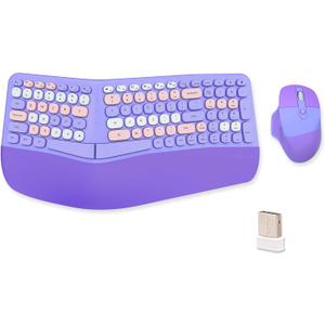 Wireless Ergonomic Keyboard and Mouse Combo with PU Wrist Rest, Carpal Tunnel Keyboard, 2.4G Colorful Split Ergo Keyboard, Comfortable Natural Typing, Compatible with PC/Laptop (Purple)