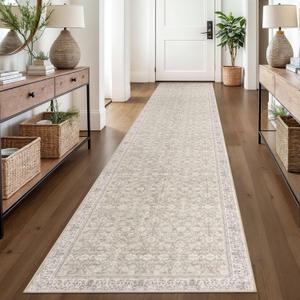SIILOOM 2.6x14 Washable Runner Rug for Kitchen, Cream Beige Yellow White Grey Soft Classic Runners with Non-Slip, Non-Shedding Distressed Floral Rug for Hallways Entryway Bedroom Laundry Indoor