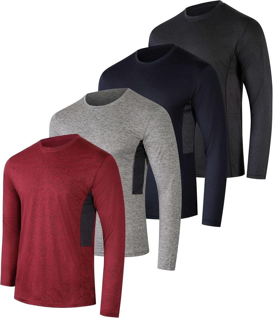 Real Essentials 4 Pack: Mens Long Sleeve Dry Fit T Shirts Hiking Fishing Workout Gym Work Sun UPF 50 Wicking Running Tee (Large)