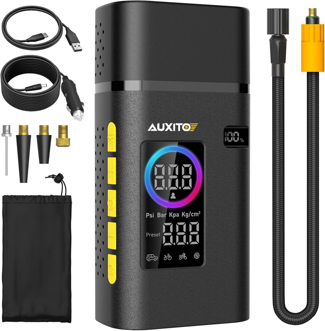 AUXITO Tire Inflator Portable Air Compressor, 150PSI Air Pump for Car Tires Motorcycle Bikes Balls with Rechargeable Battery, Digital Pressure Gauge, Emergency LED Light