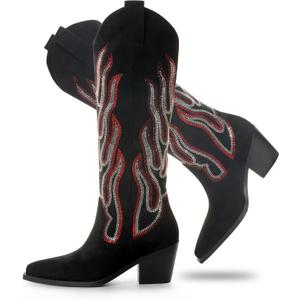 Womens Knee High Boots for Women Cowboy Cowgirl Boots Western Boots Chunky Block Heel Pointed Toes Pull on (8, Black)