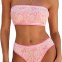 ZAFUL Bikini Set for Women Strapless Textured Bandeau Bikini Two Piece Swimsuit Lace up Bathing Suits (Pink, M)