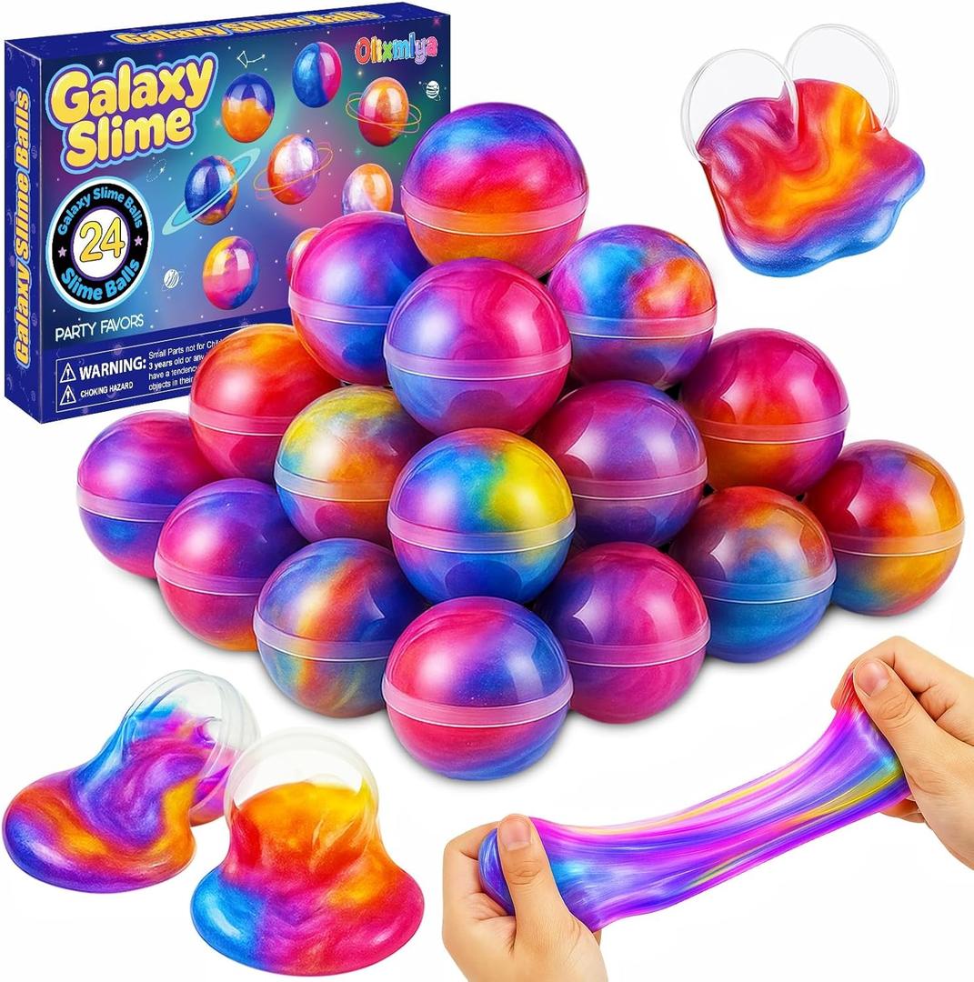 24 Pack Slime Party Favors, Galaxy Slime Balls Soft DIY Toys Stretchy and Non Sticky Stress Relief Safe Toys for Kids Girls Boy Classroom Prizes Birthday Gifts Halloween Christmas Party Favors